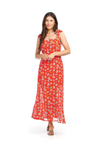 PD-16567 - FLORAL SQUARE NECK GEORGETTE DRESS WITH TIE BELT - Colors: AS SHOWN - Available Sizes:XS-XXL - Catalog Page:32 